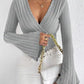 Women’s Stretchy Long Sleeve Top - V Neck, Ribbed Knit