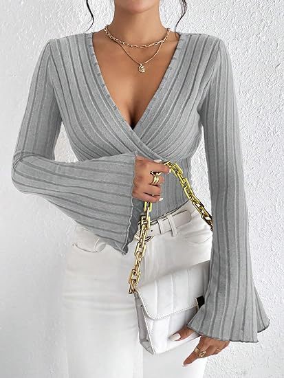 Women’s Stretchy Long Sleeve Top - V Neck, Ribbed Knit