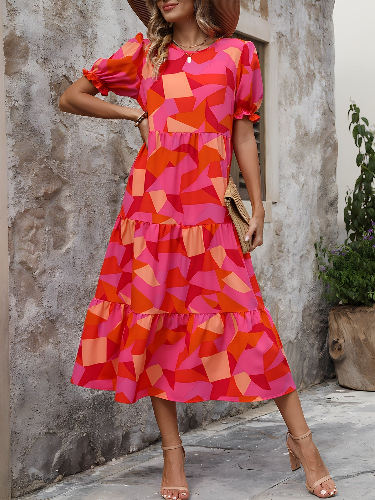 Boho Women's Dress with Puffed Sleeves, Gathered Design, Breathable Fabric, Available in Multiple Colors-3
