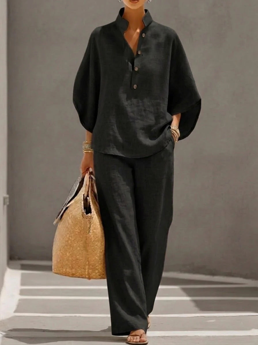 Light Women's Suit Kit - Stand-Collar Pullover Top, Balloon Sleeves, Straight-Leg Trousers, Polyester, For Office