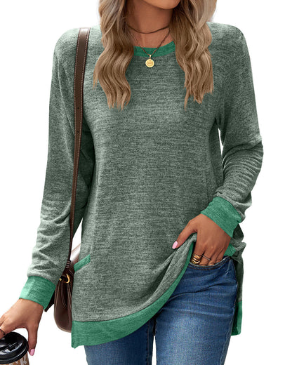 Plush Relaxed Women’s Long Sleeve Pullover - Round Neck Tunic, Cotton Cashmere Knit, Pocketed Mid Length Top For Casual Wear