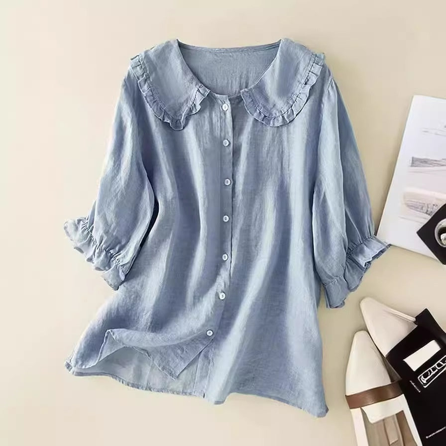 Plush women's shirt - Claudine collar, half-sleeve, relaxed fit, casual everyday wear with denim