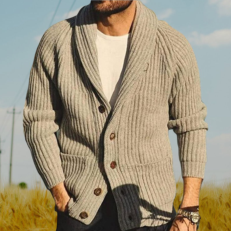 Plush Men's Shawl Collar Cardigan - Rib Knit, Spring Fall