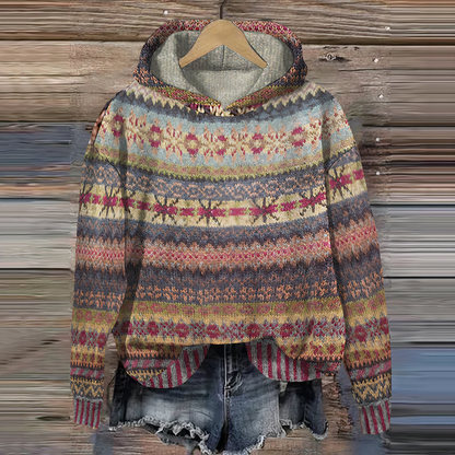 Cozy Warm Women’s Hoodie - Vintage Knit Pattern, Casual