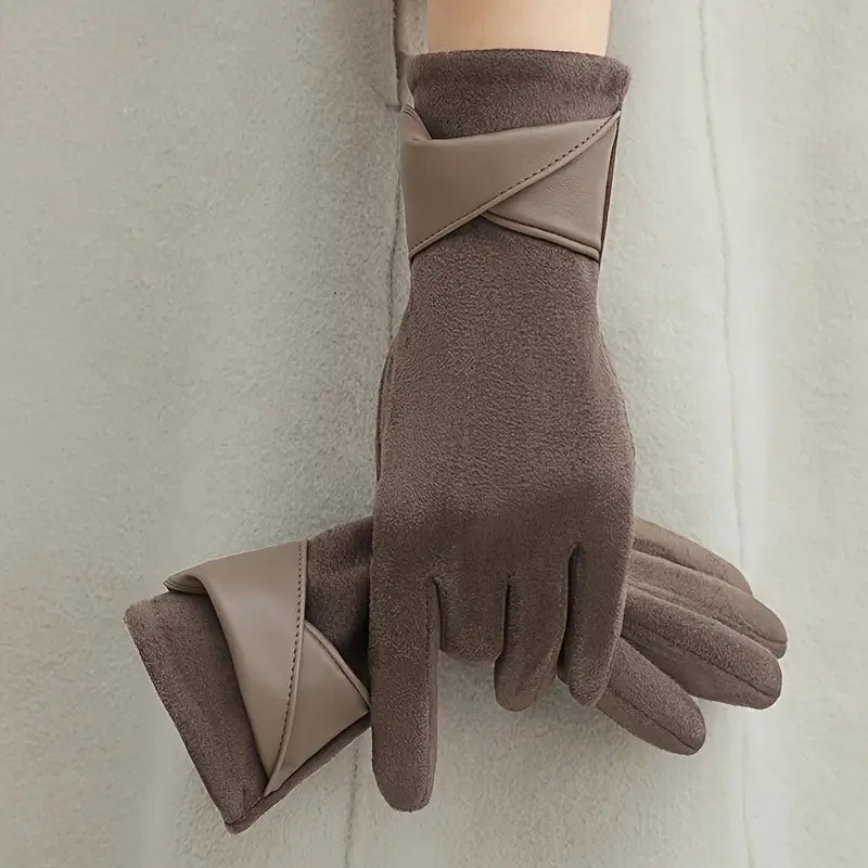 Women's Warm Winter Gloves - Faux Leather Cuff, Fleece