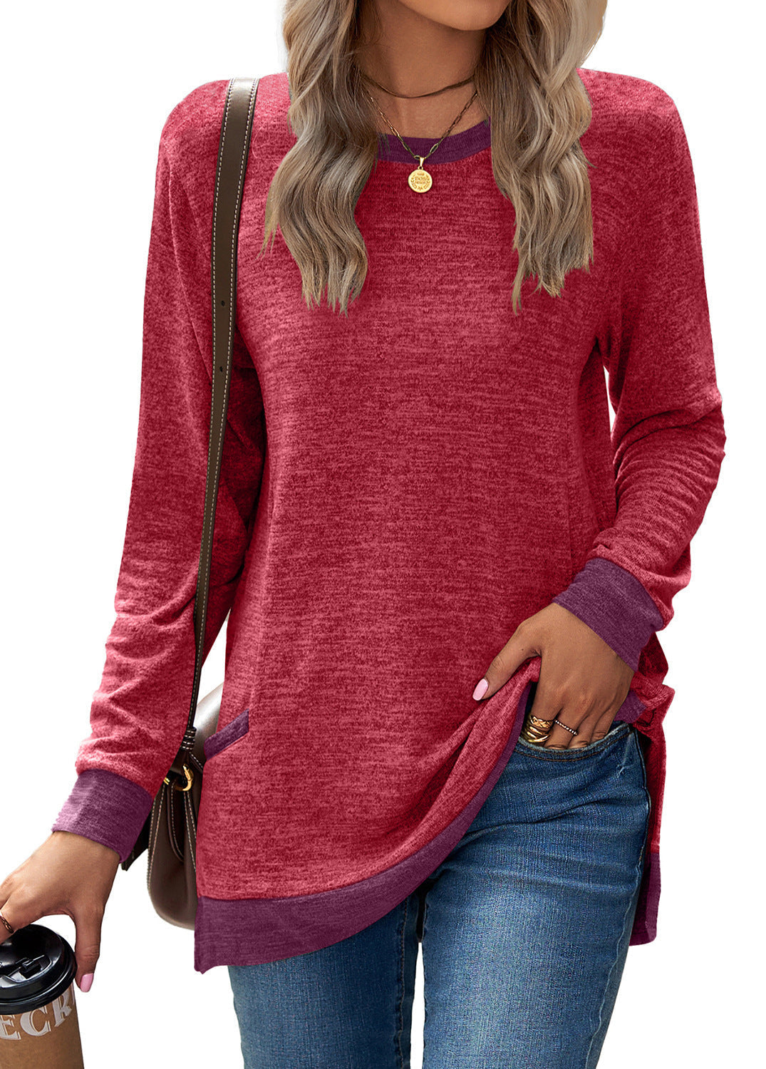 Plush Relaxed Women’s Long Sleeve Pullover - Round Neck Tunic, Cotton Cashmere Knit, Pocketed Mid Length Top For Casual Wear