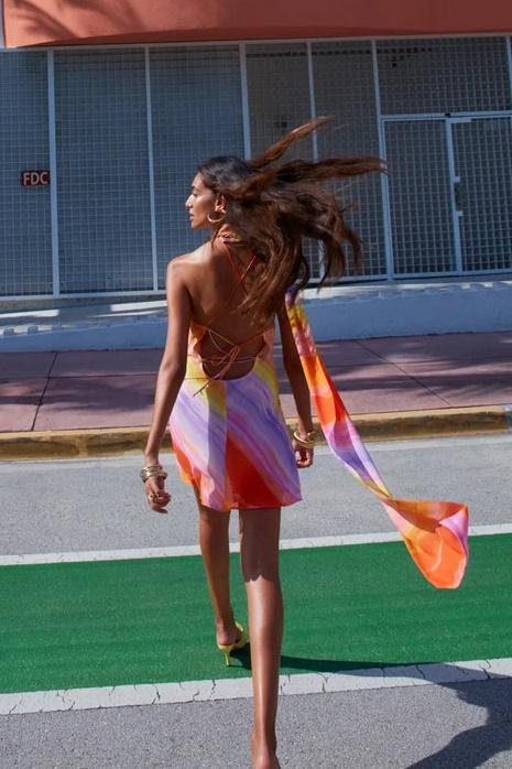 Silk Mini Dress for Women in Tropical Sunset Design, Lightweight Summer Dress for Beach and Evening Events-3