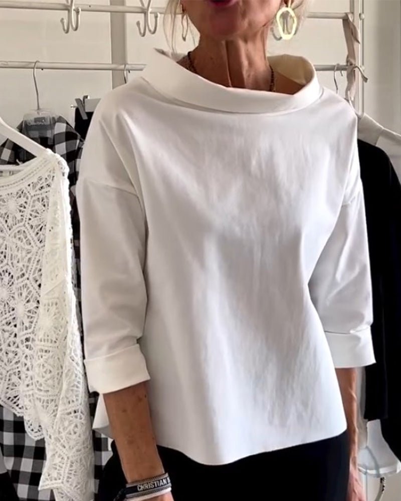 Elegant Women's Blouse with Loose Turtleneck, Cotton-Polyester Blend Long Sleeve Top for Summer and Autumn-1