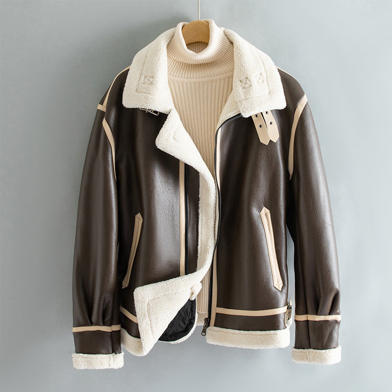 Unisex Warm Jacket - Shearling-Lined Faux Leather, Biker Style, Zip Front, For Winter Wear