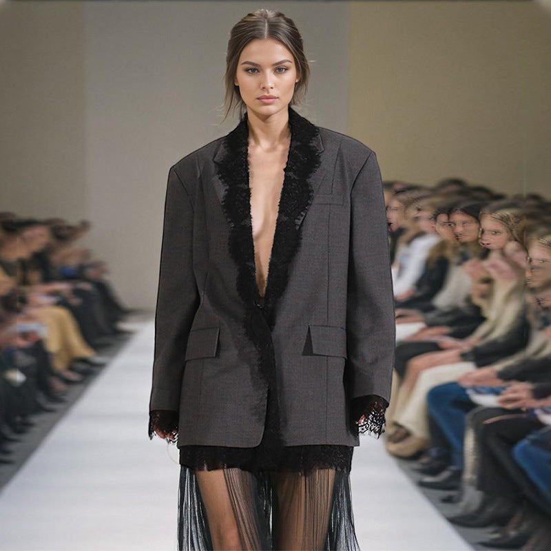women's Structured blazer - lace-panel design, long-sleeve, polyester, for office-ready workwear