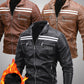 men's Warm leather motorcycle jacket - biker-cut with quilted shoulders and racing stripes, PU leather, for autumn rides