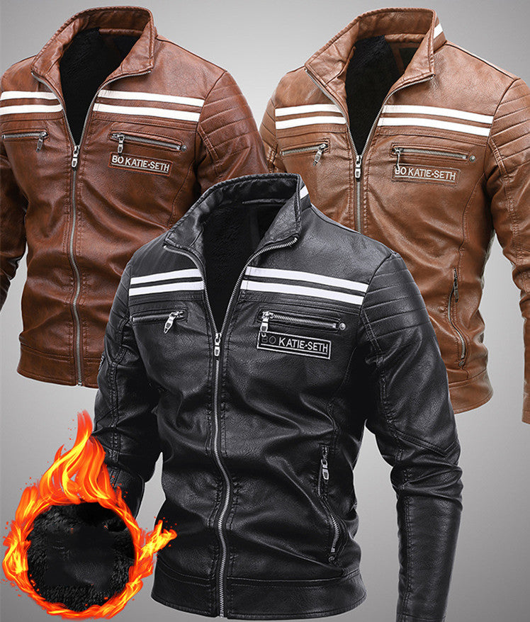 men's Warm leather motorcycle jacket - biker-cut with quilted shoulders and racing stripes, PU leather, for autumn rides