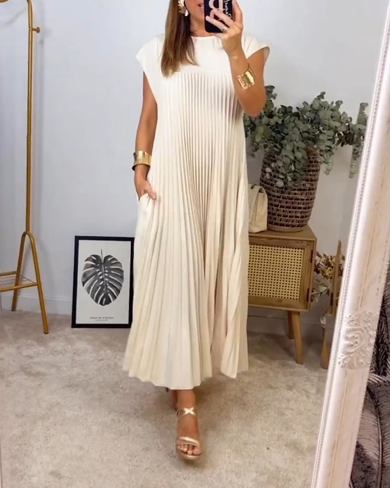 Elegant Sleeveless Pleated Womens Dress in Solid Color - Versatile Summer Wedding Guest or Cocktail Formal Dress-2