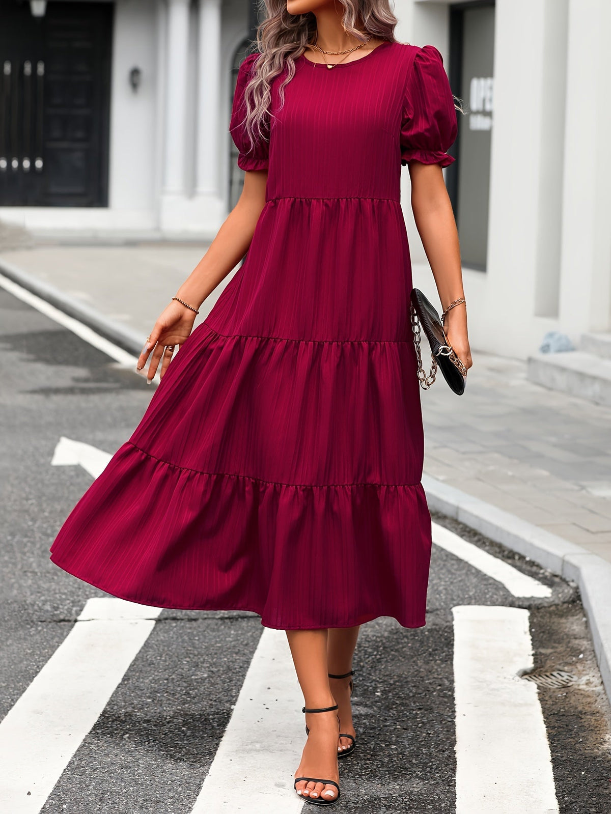 Boho Women's Dress with Puffed Sleeves, Gathered Design, Breathable Fabric, Available in Multiple Colors-5