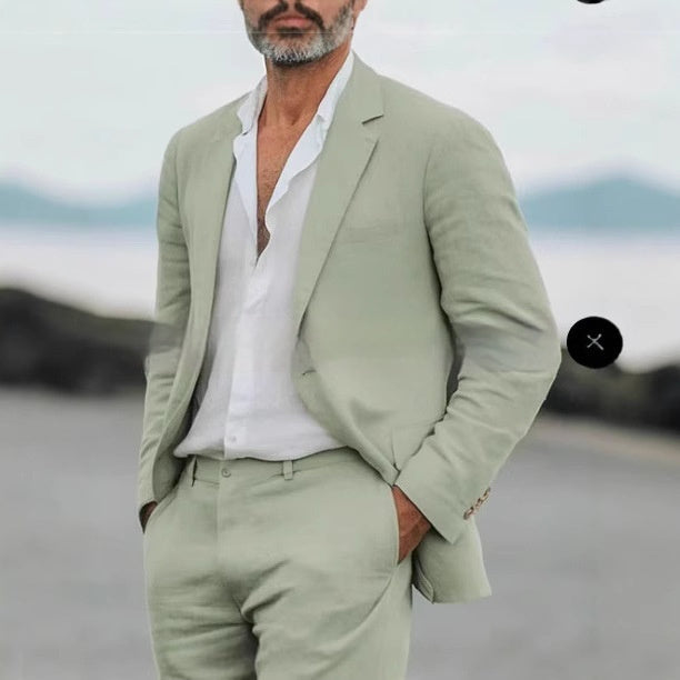 Light men's two-piece suit - slim fit, linen blend, for business banquets and events