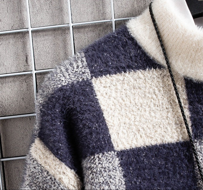 Mens Warm Crew Sweater - Checked Knit, Nylon, For Winter