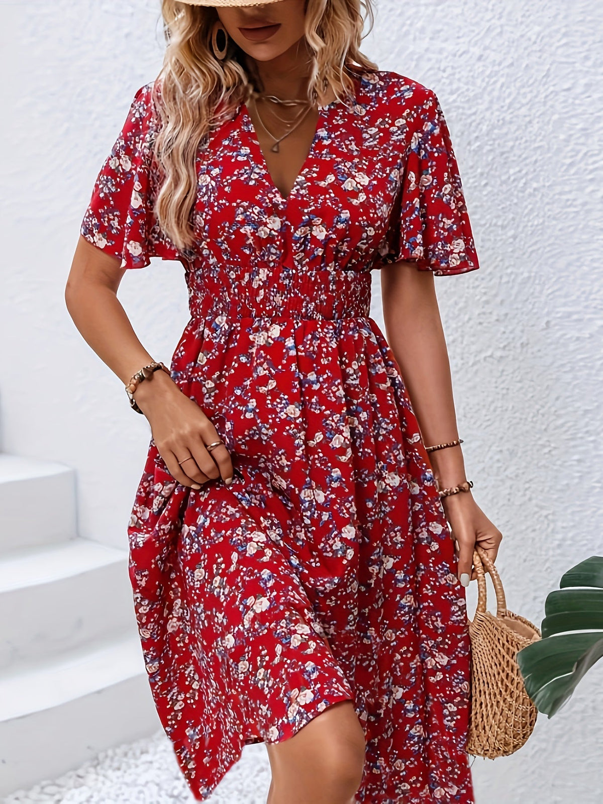 Variant image for Feminine Boho Summer Dress with V-Neck and Flutter Sleeves, Lightweight Breathable Fabric, Available in Black and Red-6