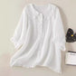 Plush women's shirt - Claudine collar, half-sleeve, relaxed fit, casual everyday wear with denim