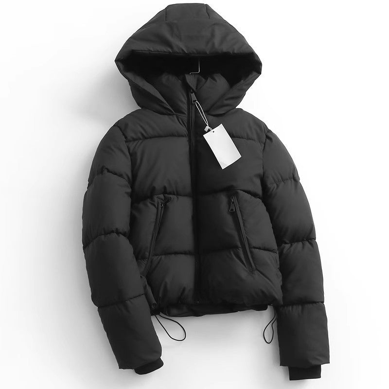 Women Warm Hooded Puffer Coat - Cropped Boxy Cotton Winter
