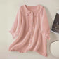 Plush women's shirt - Claudine collar, half-sleeve, relaxed fit, casual everyday wear with denim