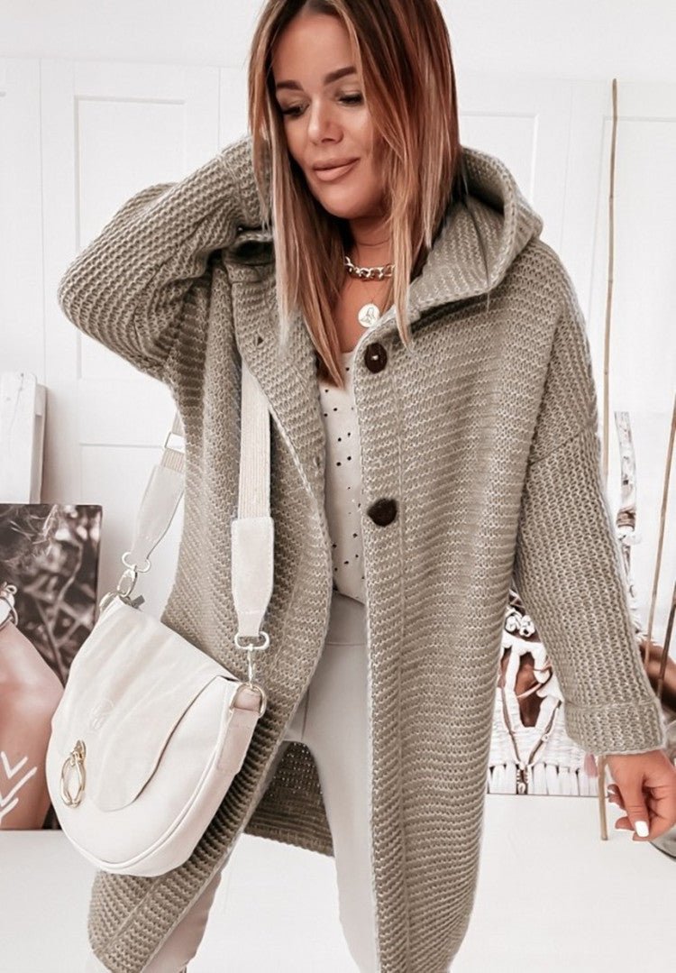 Plush Relaxed Women’s Hooded Cardigan - Long Ribbed Knit