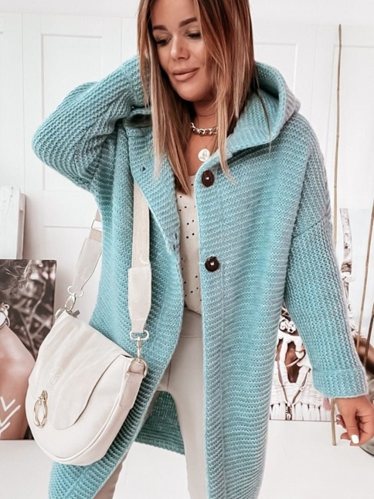 Plush Relaxed Women’s Hooded Cardigan - Long Ribbed Knit