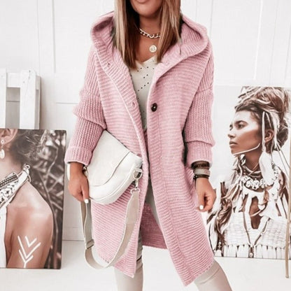 Plush Relaxed Women’s Hooded Cardigan - Long Ribbed Knit