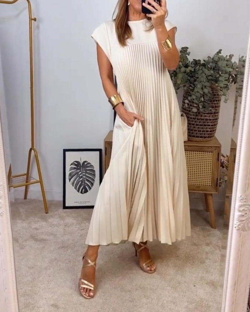Elegant Sleeveless Pleated Womens Dress in Solid Color - Versatile Summer Wedding Guest or Cocktail Formal Dress-1