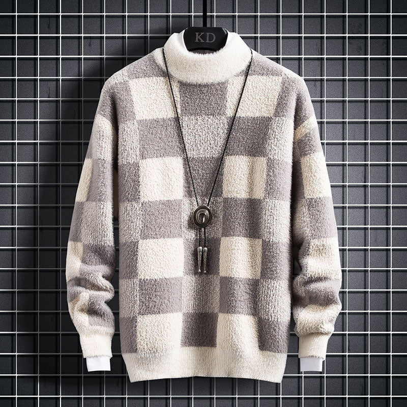 Mens Warm Crew Sweater - Checked Knit, Nylon, For Winter