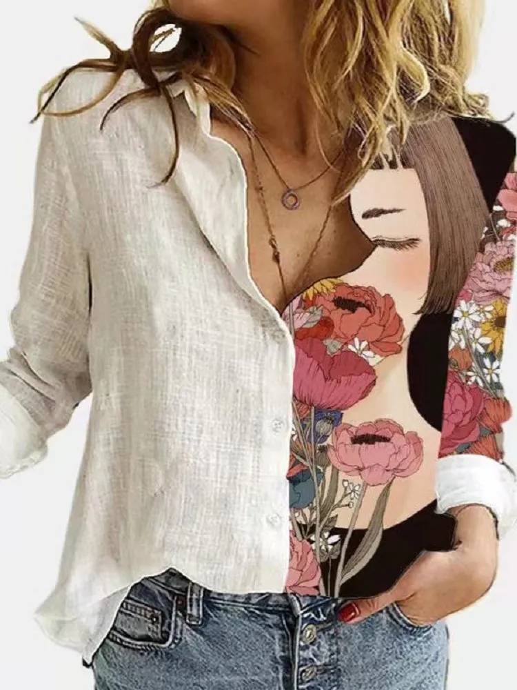 Variant image for Elegant Floral Print Women's Chemise Nightgown with Long Sleeves and Relaxed Fit in White-13