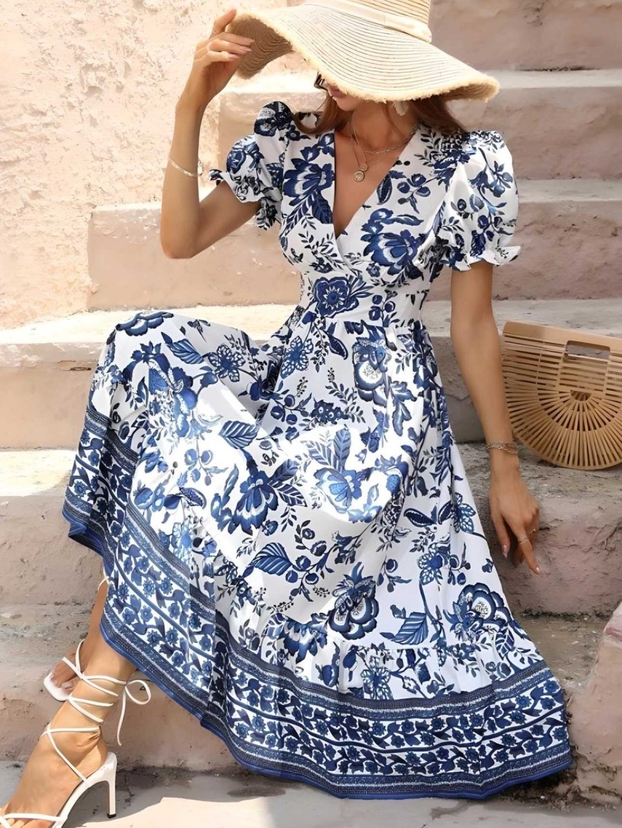 Variant image for Floral Print Women's Dress with Unique Puffy Sleeves and Bunk Collar for Wedding Guest or Formal Occasions-1