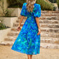 Womens Summer Midi Dress with Puff Sleeves and Floral Print, Elegant Wedding Guest Dress for Summer Events-5