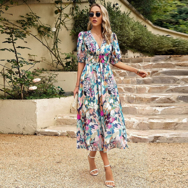 Womens Summer Midi Dress with Puff Sleeves and Floral Print, Elegant Wedding Guest Dress for Summer Events-4