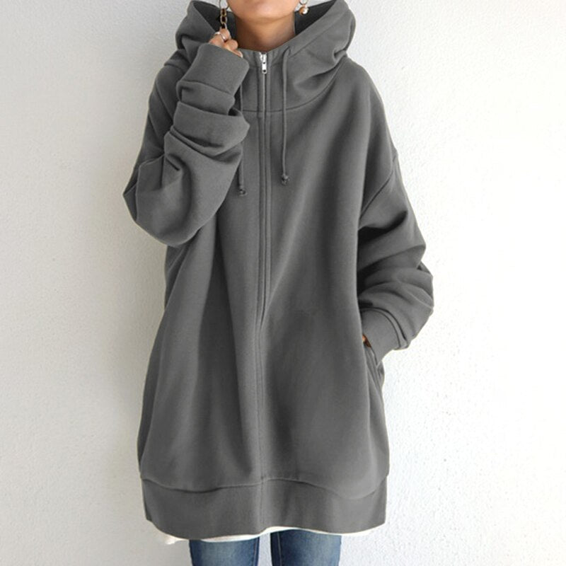 Women Warm Longline Hoodie - Oversized Fleece Layering