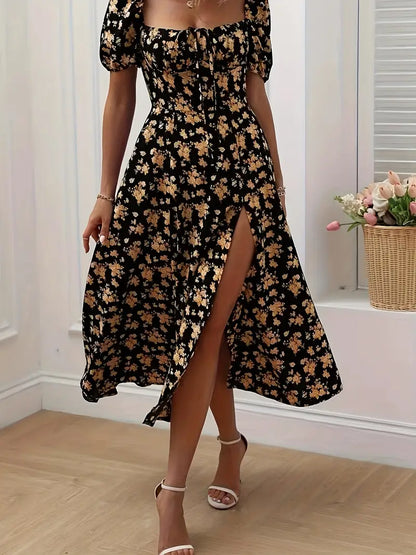 Variant image for A-Line Floral Summer Dress with Puffed Sleeves for Women - Lightweight Formal Wedding Guest Dresses in Yellow, Green, Pink, Blue-1