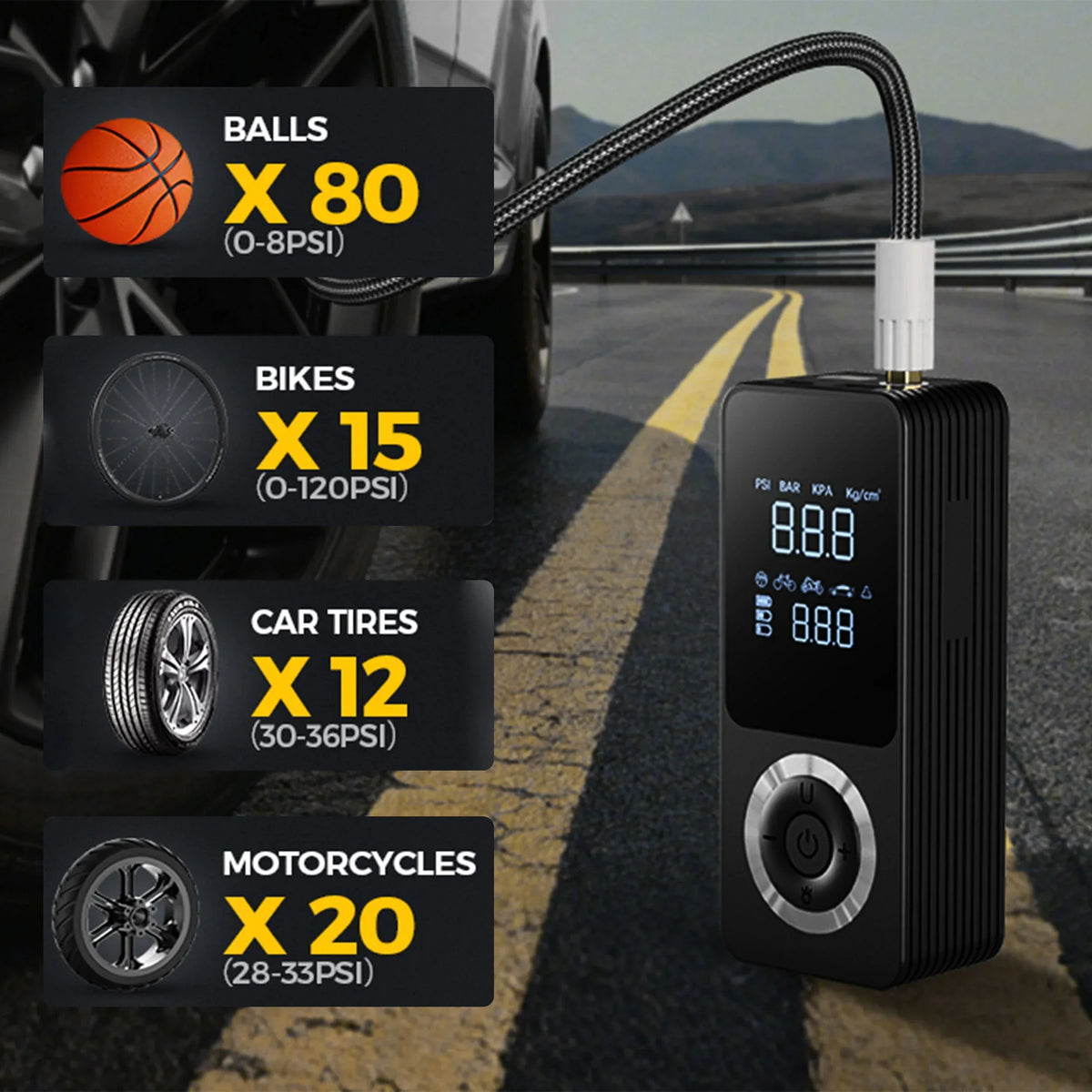 Tire Inflator Travel-Friendly Digital Pump With Auto Shutoff