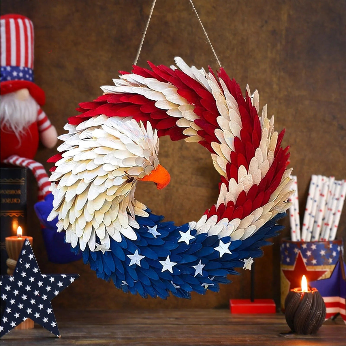 Patriotic Wreath 12 Inch Eagle Door Decor Independence Day And Easter Themed Organic Wood Finish Gift Idea
