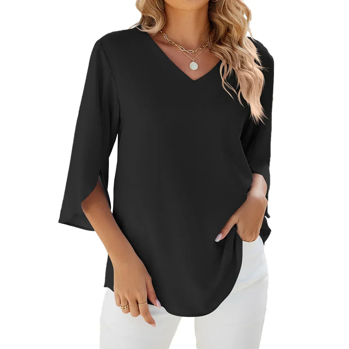 Variant image for Lightweight V-Neck Women's Blouse, Relaxed Fit Casual Summer Top in Breathable Polyester-11