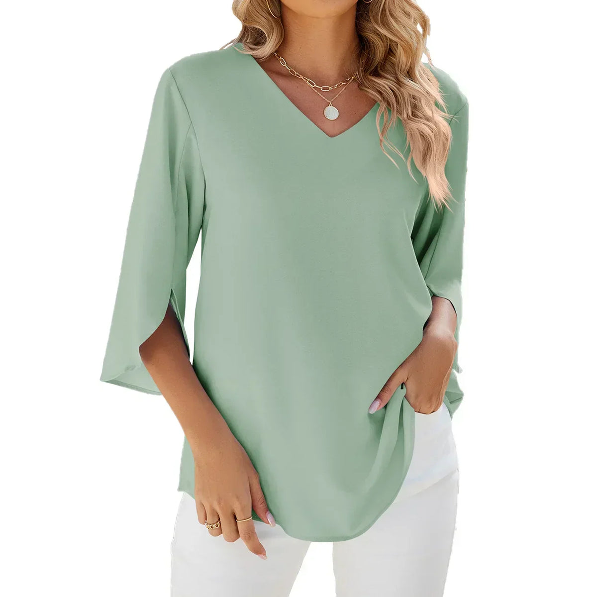 Variant image for Lightweight V-Neck Women's Blouse, Relaxed Fit Casual Summer Top in Breathable Polyester-21