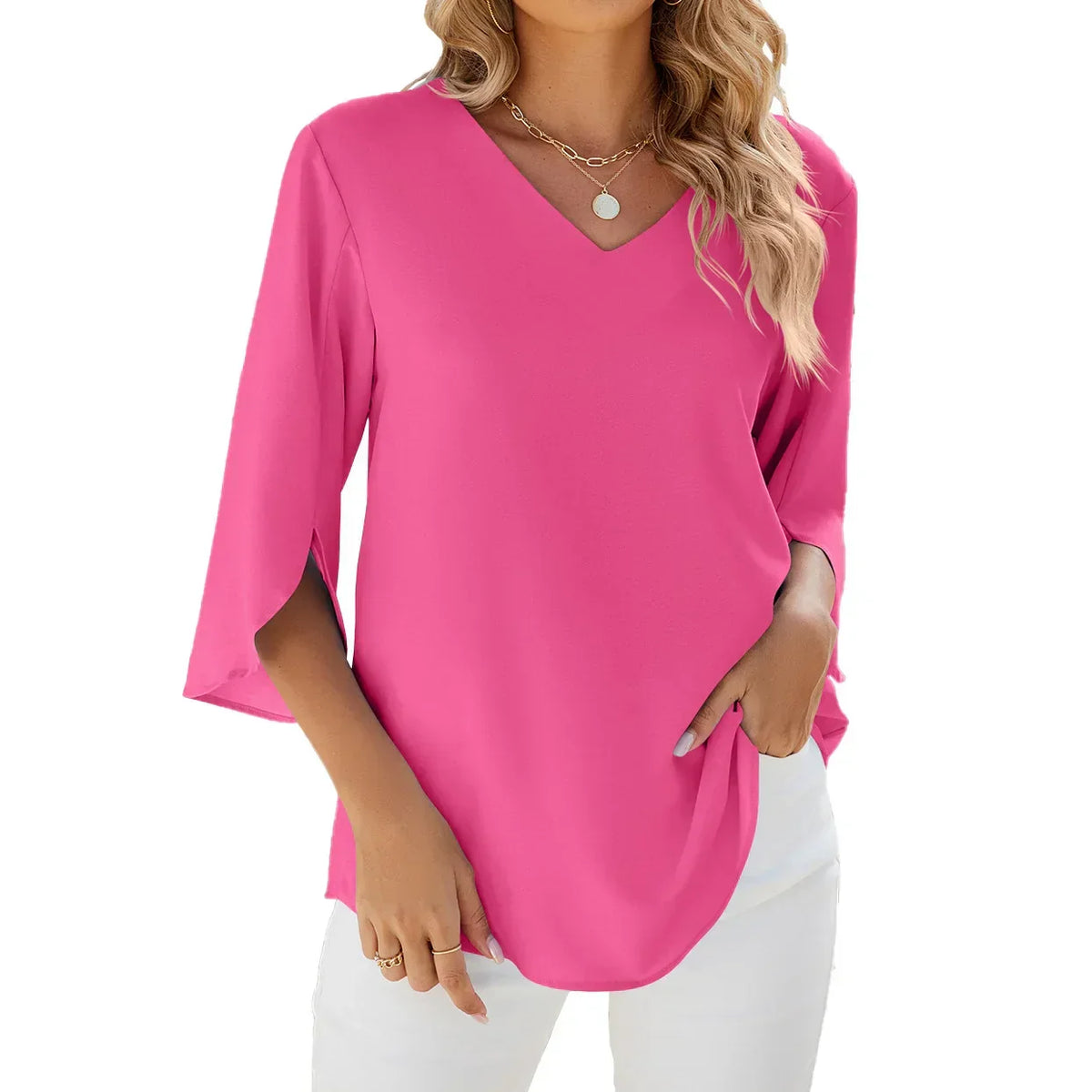 Variant image for Lightweight V-Neck Women's Blouse, Relaxed Fit Casual Summer Top in Breathable Polyester-16