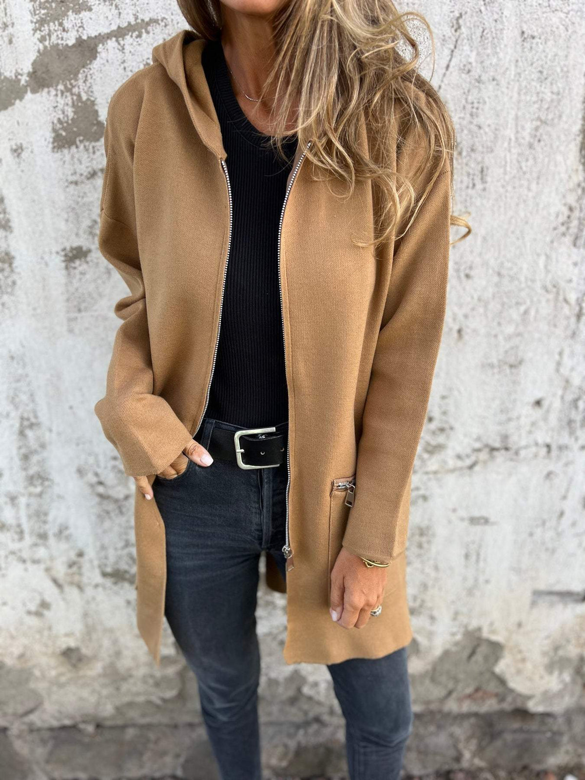 Light Womens Long Hoodie - Fitted Zip Cotton Layering