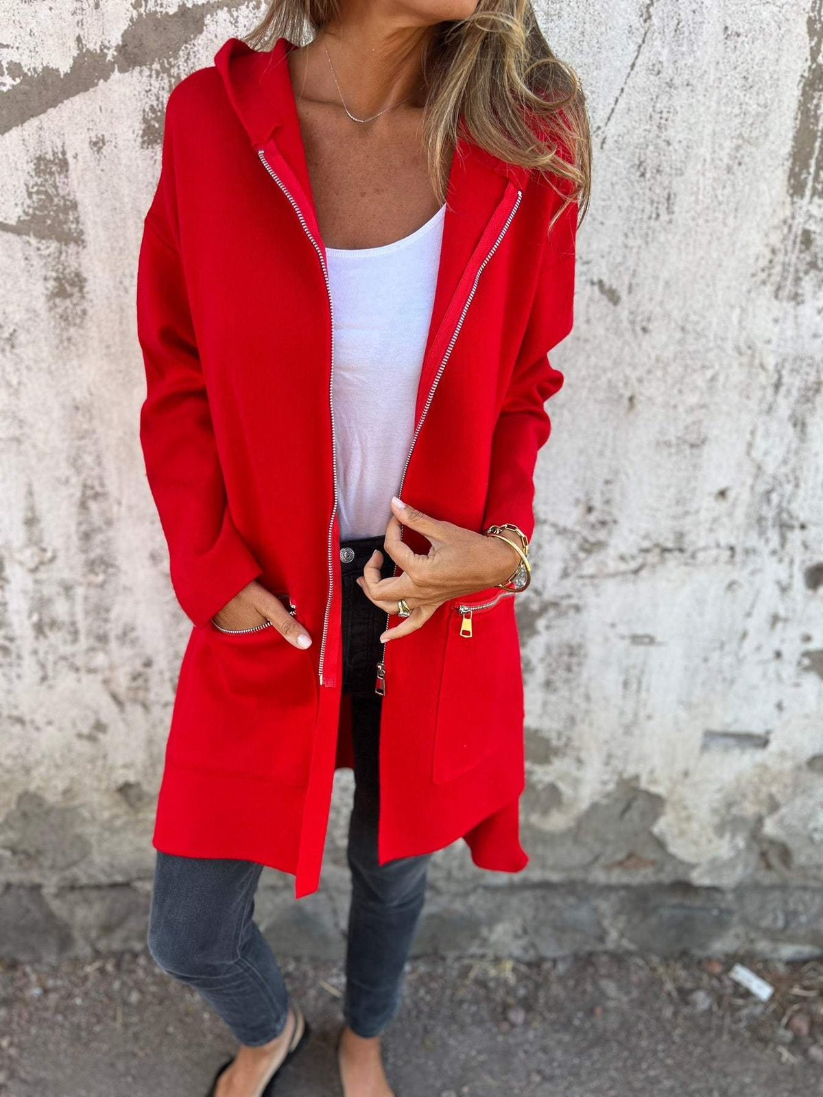 Light Womens Long Hoodie - Fitted Zip Cotton Layering
