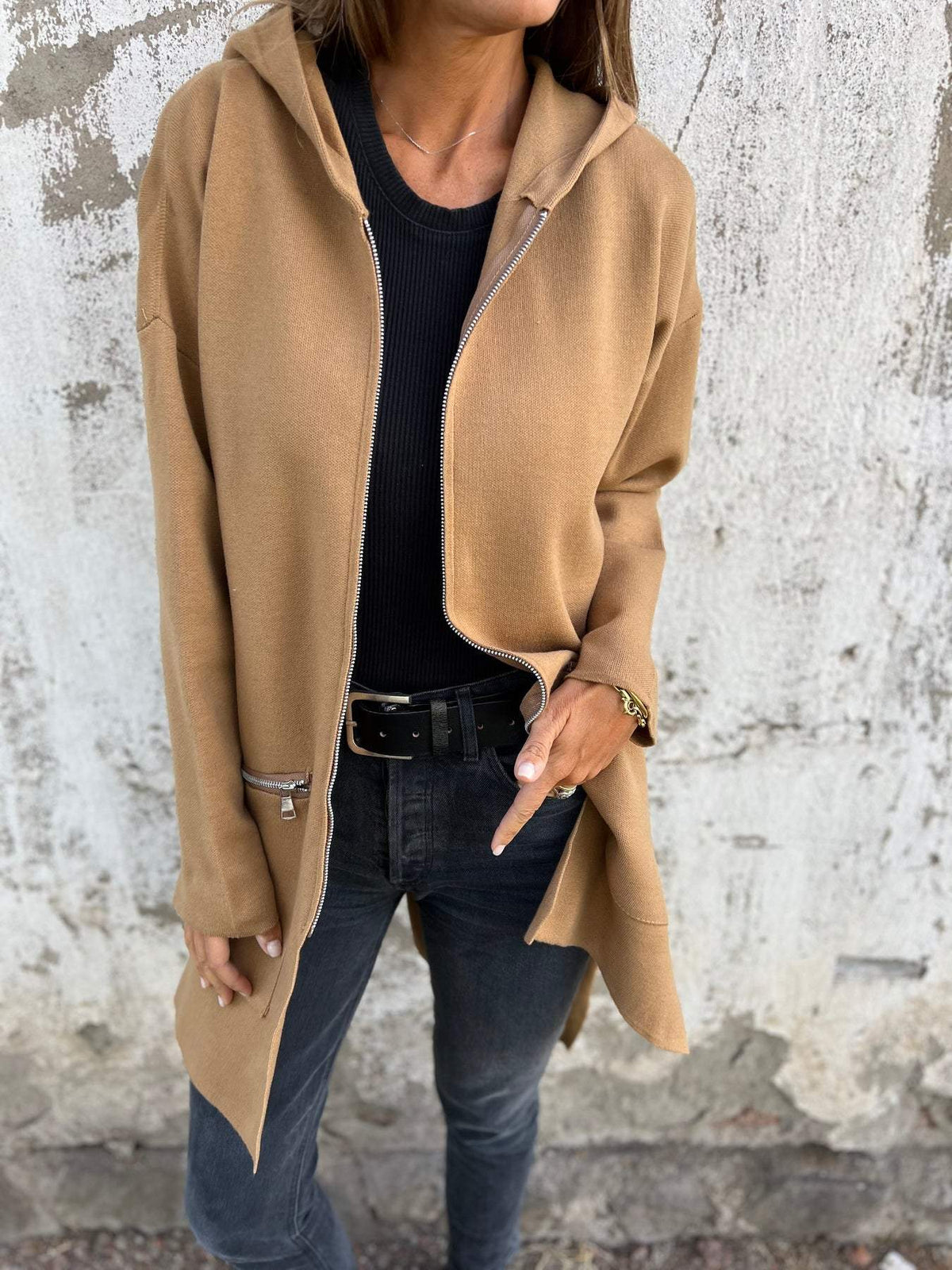 Light Womens Long Hoodie - Fitted Zip Cotton Layering
