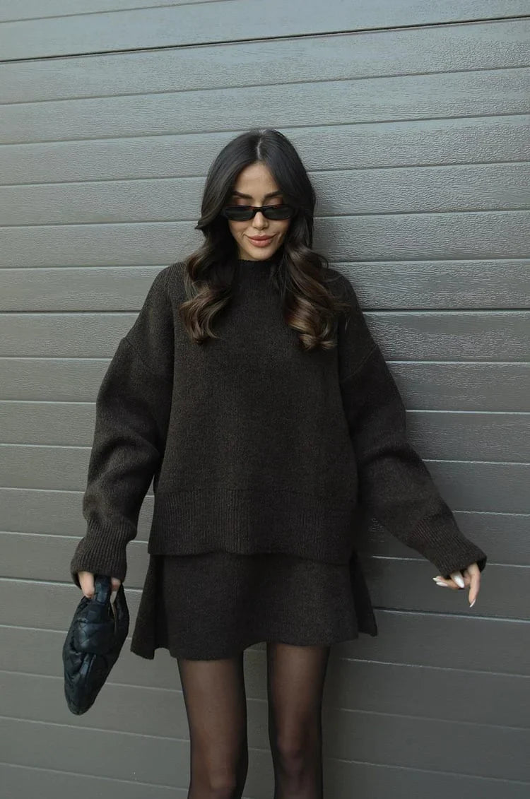 Plush Flattering Women’s Sweater Skirt Kit - Pullover Crewneck, Knit High-Waist A-Line Mini Skirt For Fall