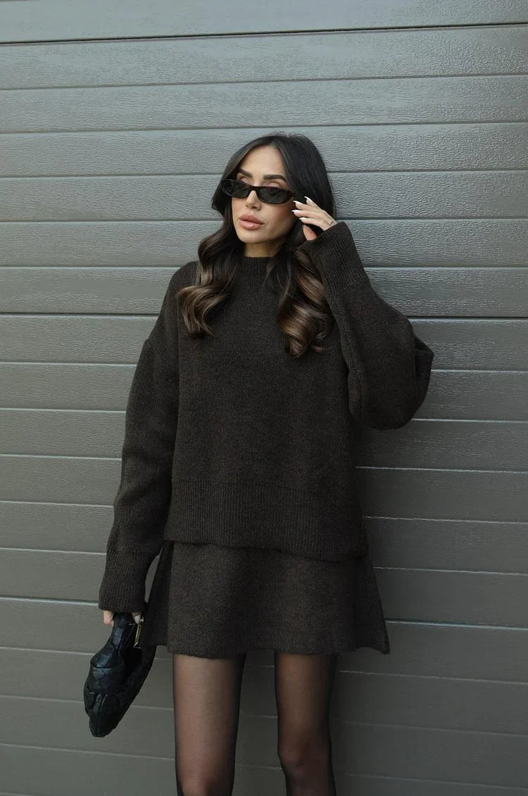 Plush Flattering Women’s Sweater Skirt Kit - Pullover Crewneck, Knit High-Waist A-Line Mini Skirt For Fall