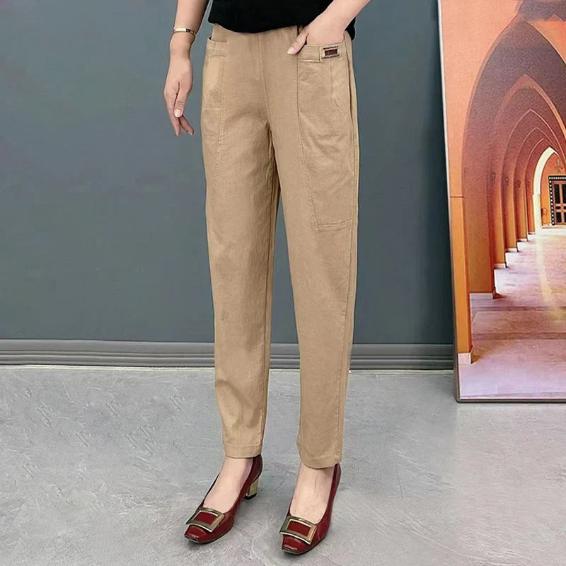 Comfortable Women's Cotton Pants with Elastic Waistband, Relaxed Slim Fit, Multiple Colors Available-5