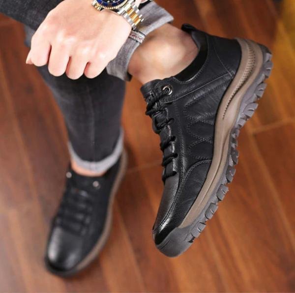 Hand-Sewn Leather Leisure Shoes for Men, Waterproof, Comfortable, Non-Slip Rubber Sole, Lightweight for Outdoor Activities-4