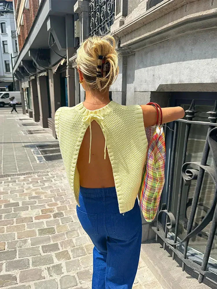 Boxy Knit Women's Top in Soft Yellow - Comfortable Going Out Top for Summer Events-1
