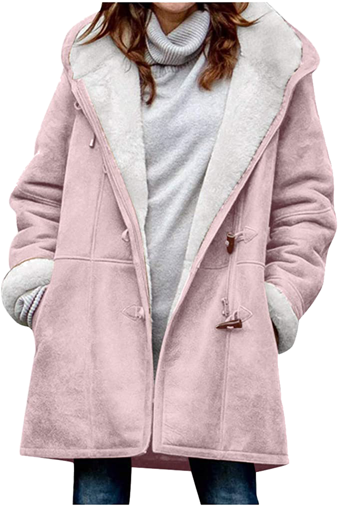 Womens Warm Winter Jacket - Hooded Mid-Thigh, Suede