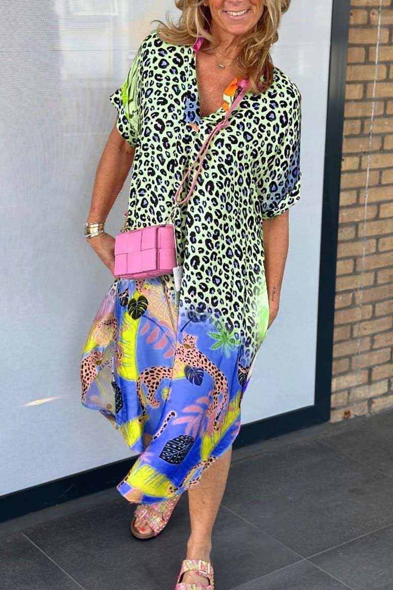 Plus Size Women's Leopard Pattern Short Sleeve Dress for Casual and Semi-Formal Occasions-5